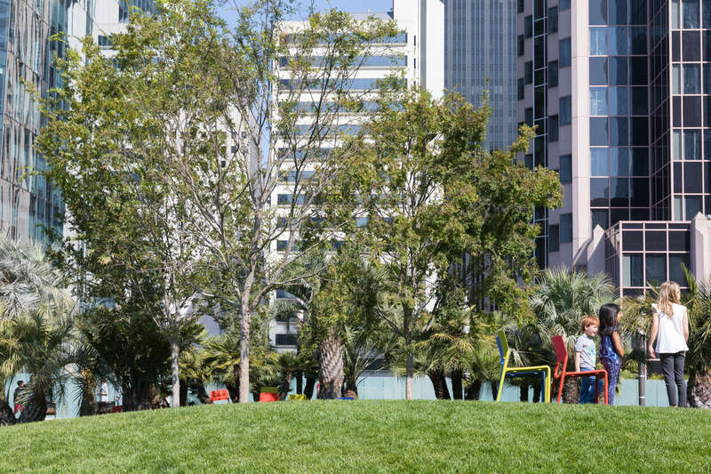 Transbay Transit Center in San Francisco, on the day after the opening: lawn in the park on top of the bus terminal