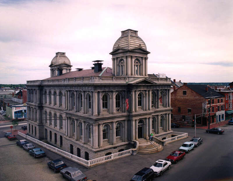 Exterior of the U.S. Customhouse, located at 312 Fore Street in Portland, Maine, United States.  Built in 1868, it is listed on the National Register of Historic Places.