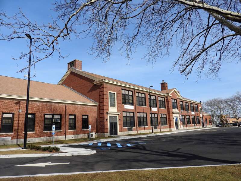 Looking east at front of school