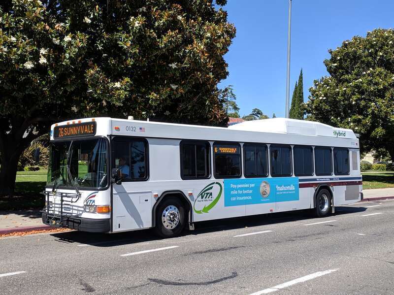 SCVTA bus number 0132, a Gillig Low Floor HEV, serving route 26 along Campbell Ave in Campbell, California. The destination sign on the front reads &quot;26 SUNNYVALE&quot;.