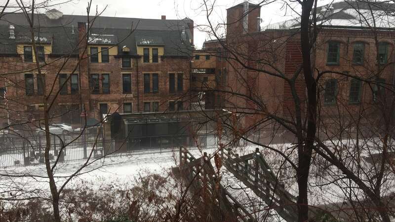 View of historic factories from the Upper Raceway, in Paterson, NJ