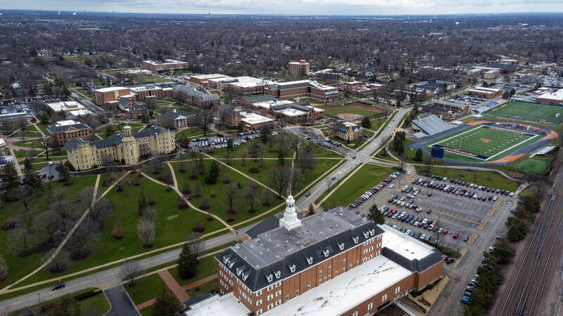 A aerial overview of the Wheaton College Campus in Wheaton, IL.