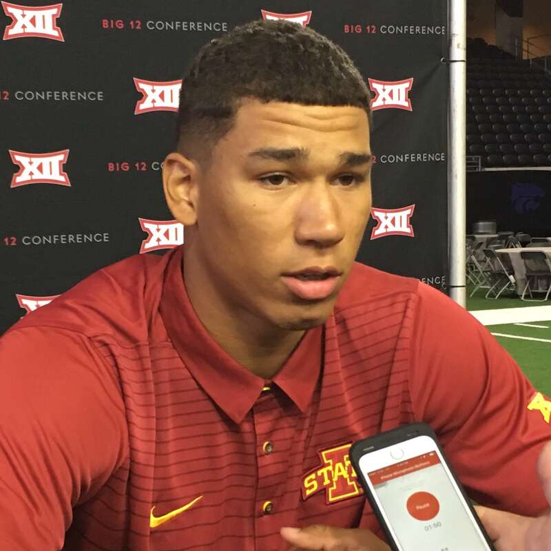 Allen Lazard, wide receiver for the Iowa State Cyclones football team, at the 2017 Big 12 Conference Media Days in Frisco, Texas.