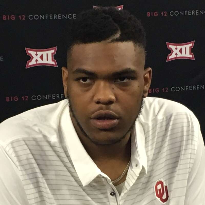 Orlando Brown, offensive tackle for the Oklahoma Sooners football team, at the 2017 Big 12 Conference Media Days in Frisco, Texas.