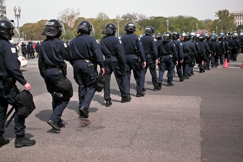 A row of Metropolitan Police officers stands between the Nazis and the counter-protesters, forming a boundary between the two sides at a demonstration on April 19, 2008 in Washington, DC.  There, mostly left-wing demonstrators were counter-protesting