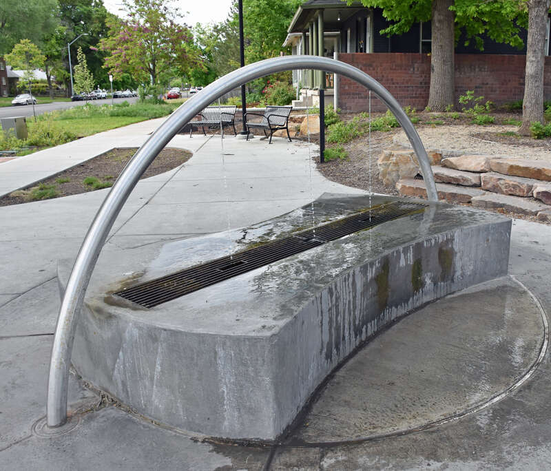 The well spigots at Artesian Well Park in Salt Lake City, Utah. The spigots are found on the arch, which was added to the park during a major refurbishment in 2019–2020.