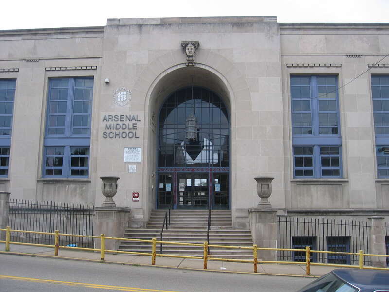 A view of the Arsenal Junior High School Building that continues in use as the Arsenal Middle School and Arsenal Elementary School in the Lower Lawrenceville neighborhood of Pittsburgh, Pennsylvania.