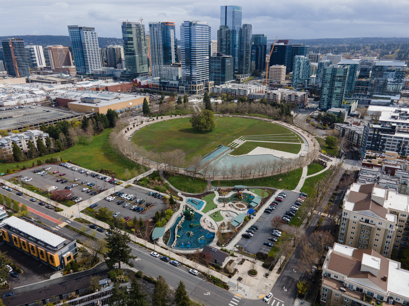 Drone view of Bellevue Downtown Park with Downtown Bellevue behind it, Bellevue, Washington State, USA