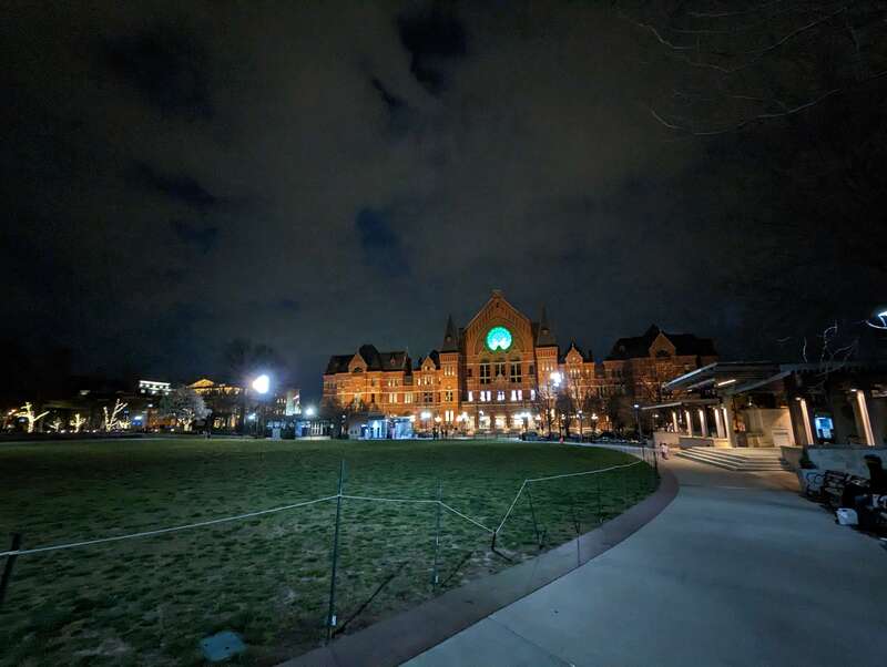 Cincinnati Music Hall in the evening as seen from Washington Park