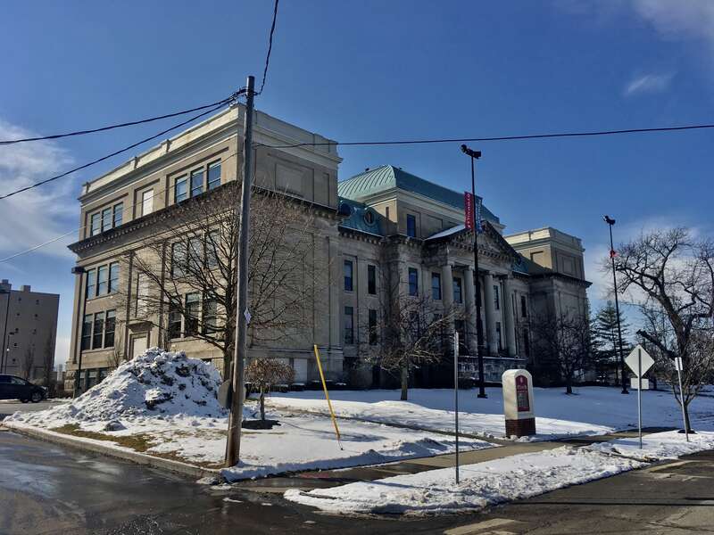 The Montante Family Library at D'Youville College in Buffalo, New York, as seen from West Avenue, March 2020. Built c. 1905 as the home of Holy Angels Catholic Church's school, this Beaux-Arts style edifice served as such until 1988, then briefly