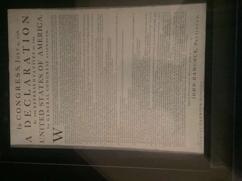 1776 Dunlap Broadside printing of the Declaration of Independence on display in the Great Essentials Exhibit of the West Wing of Independence Hall at Independence National Historical Park, Philadelphia, Pennsylvania, United States. This particular