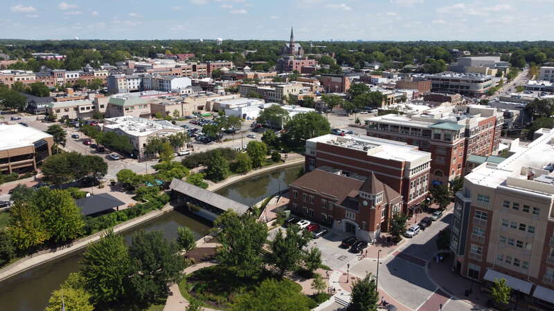 An aerial view of portions of downtown Naperville.