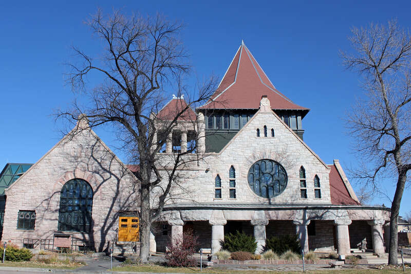 The First Congregational Church, located at 20 East St. Vrain Street in Colorado Springs, Colorado. The property is listed on the National Register of Historic Places.