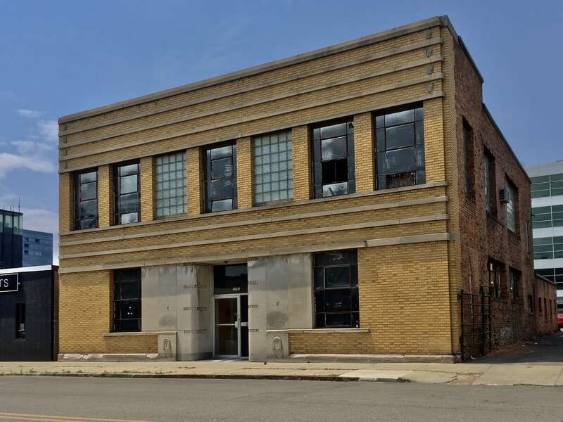 As seen in June 2020: the Streamline Moderne-style building at 290 Franklin Street in downtown Buffalo, New York was built in 1937 by the Twentieth Century Fox company to house their local film exchange, i.e. a sort of receiving and distribution