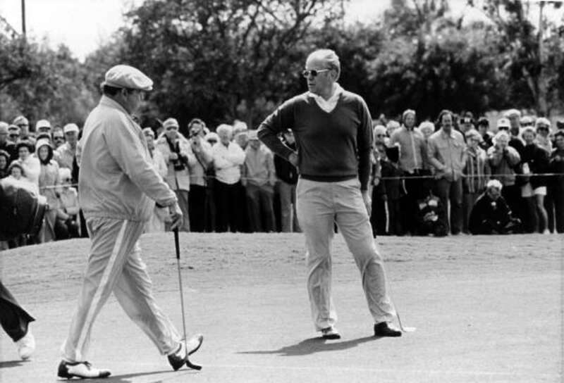 Local call number: PR21628
Title: Gerald Ford playing golf with Jackie Gleason at the Lago Mar County Club: Fort Lauderdale, Florida
Date: ca. 1975
Physical descrip: 1 photoprint - b&amp;amp;w - 8 x 10 in.
Photographer: Roy Erickson
Series Title: Print