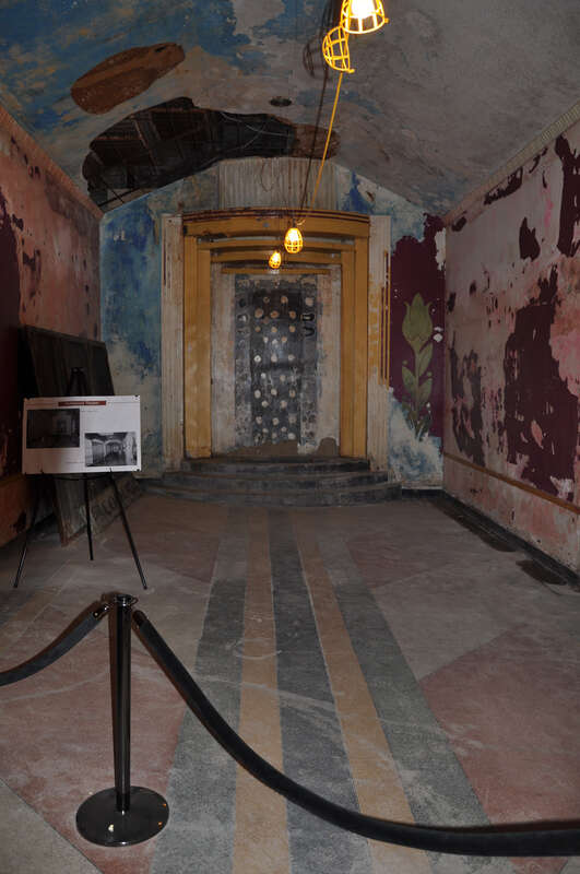 A lobby area in the Hollywood Theater, an NRHP-listed Art Deco movie theater in Northeast Minneapolis, as it appeared in May of 2010.