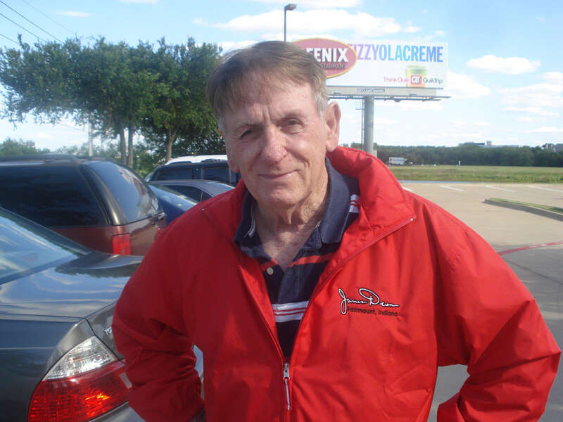 James, wearing a James Dean rebel jacket showing Fairmont
Indiana, James Dean's home town.