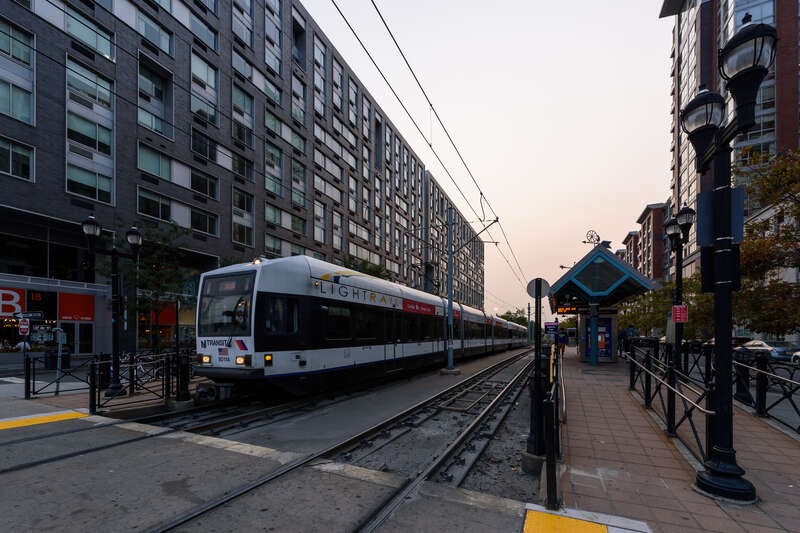 Marin Boulevard station, Jersey City, New Jersey, at sunset with smoke from the 2020 Western United States wildfires.