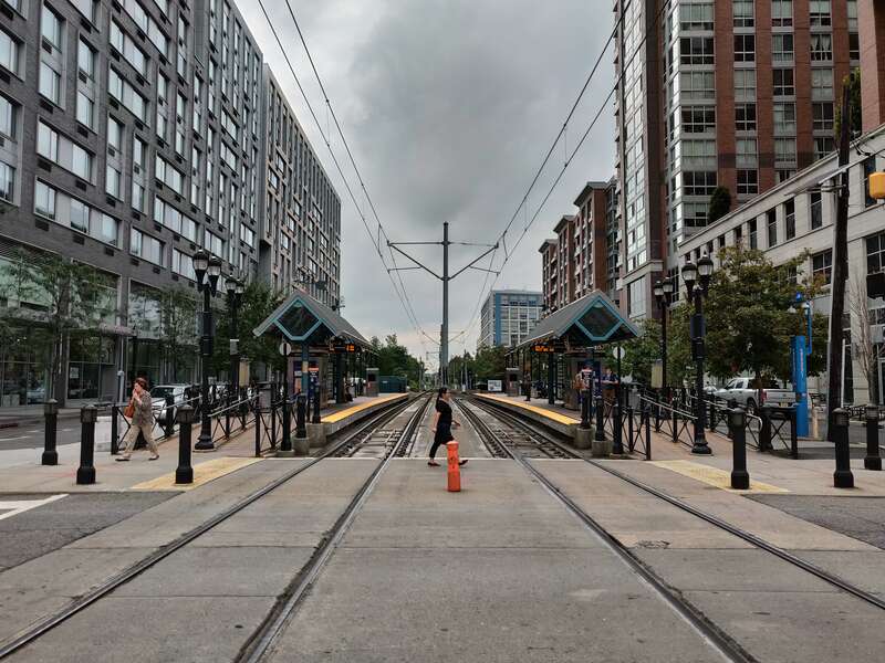 The &quot;Marin Boulevard&quot; Hudson-Bergen Light Rail Station in Jersey City, New Jersey, USA. The photographer is facing west from the Marin Boulevard crossing.