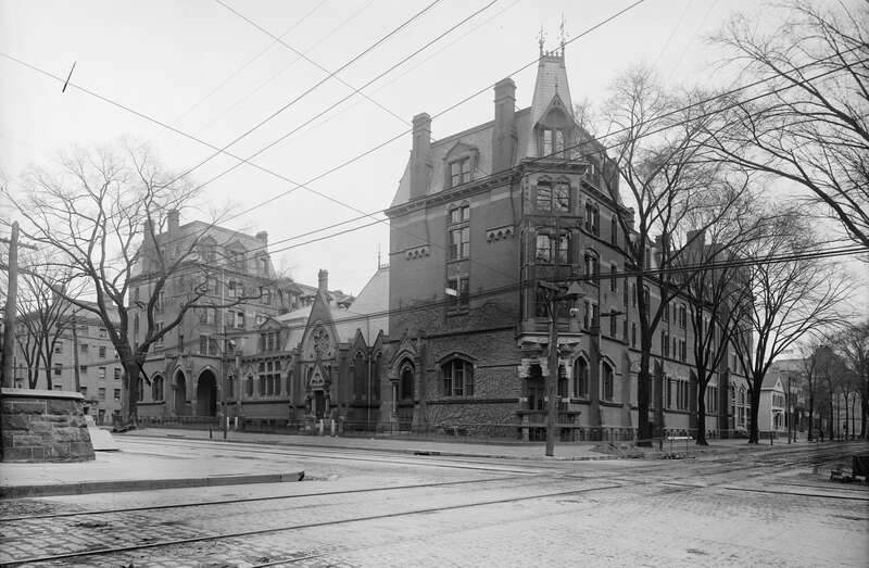 Old Divinity School building of the Yale Divinity School, the school's second home. Members completed between 1870 and 1874: East Divinity Hall (right, 1870), Marquand Chapel (center, 1872), and West Divinity Hall (left, 1874). The Bacon Memorial