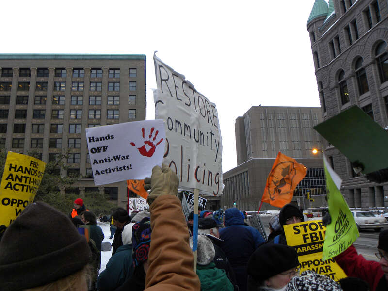 Minneapolis, Minnesota
January 25, 2011
There were protests in cities around the world on January 25 in solidarity with peace activists who have been raided and subpoenaed by the FBI. This protest was sponsored by the Committee to Stop FBI