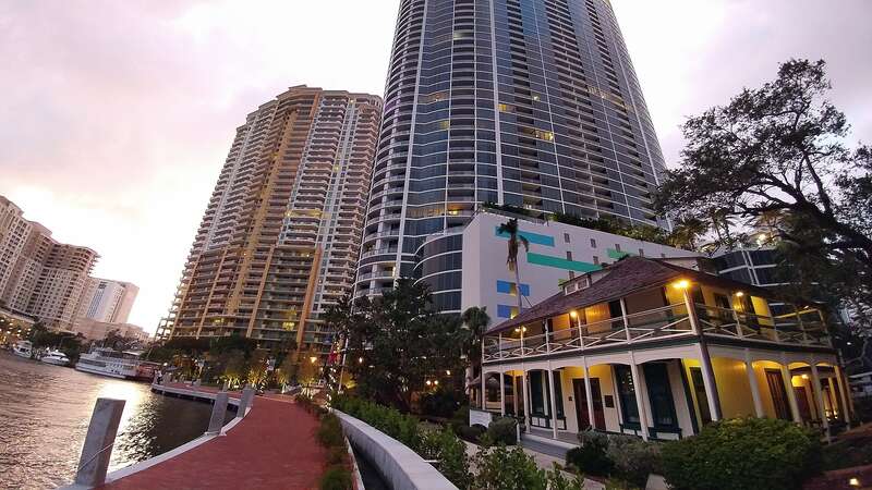 Riverwalk of Fort Lauderdale, Florida at sunset.