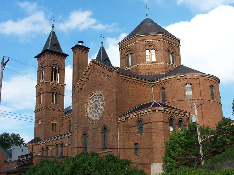 St Augustine Roman Catholic Church, Lawrenceville section of PIttsburgh.  The hills of the region present many architectural challenges - and some picturesque solutions.  Example of late Romanesque Revival (actually pre- and post-Richardsonian).