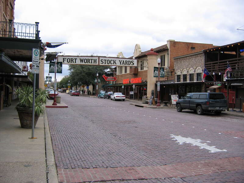 Street view of entrance to Fort Worth Stockyards, 2005