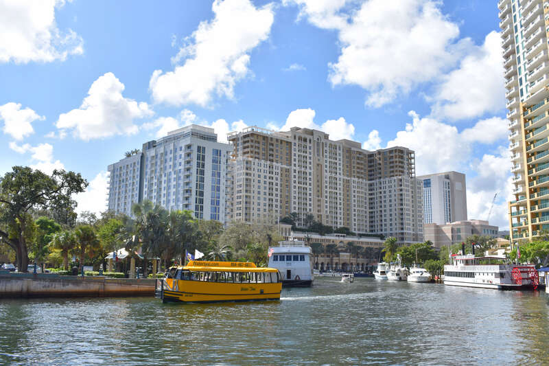 A water taxi moves along the Tarpon River in Fort Lauderdale, Florida.