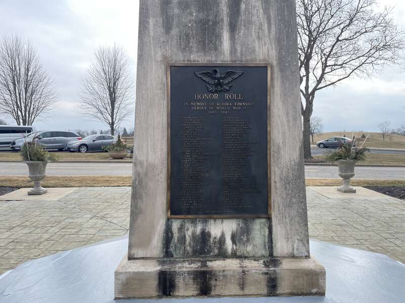 One side of the World War II memorrial at Philips Park in Aurora, Illinois, US.
