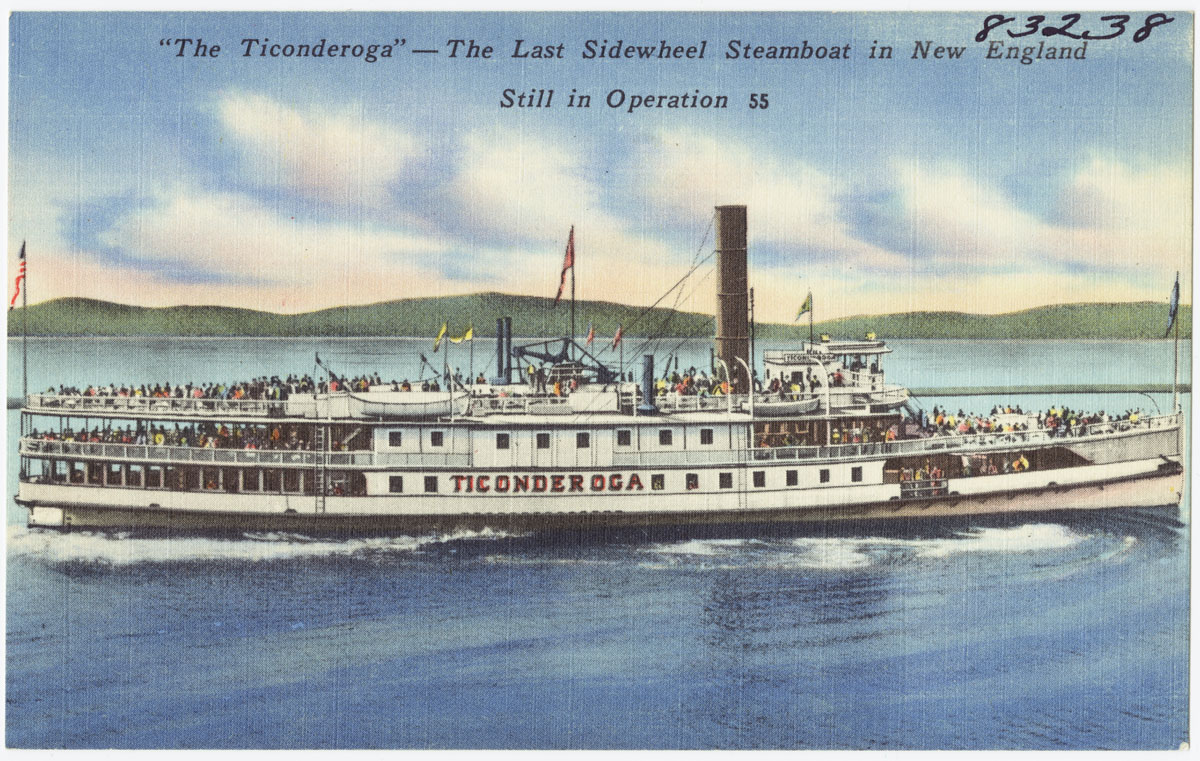 Title: &quot;The Ticonderoga&quot; -- the last sidewheel steamboat in New England still in operation
File name: 06_10_002163
Created/published: Pub. by Riverside Paper Co., Burlington, Vt.;
&quot;Tichnor Quality Views&quot;; reg, U.S.Pat.Off.; made only by Tichnor