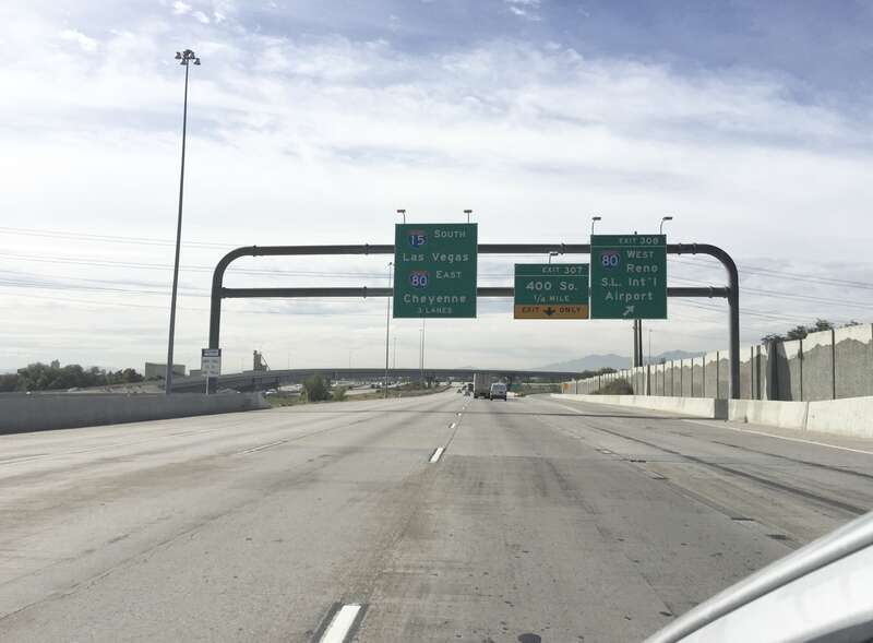 View south along Interstate 15 near milepost 309 approaching Exit 308 (Interstate 80 west) in Salt Lake City, Utah