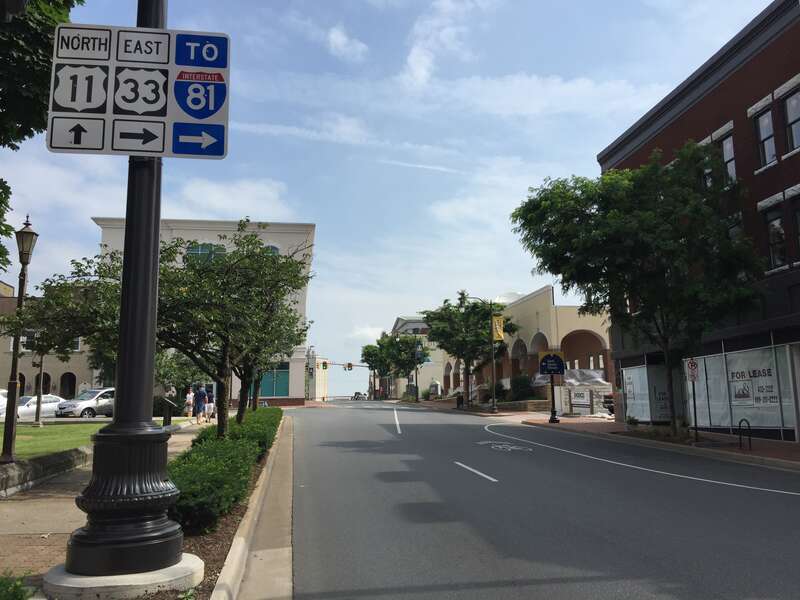 View north along U.S. Route 11 (Main Street) at U.S. Route 33 (Market Street) in Harrisonburg, Virginia