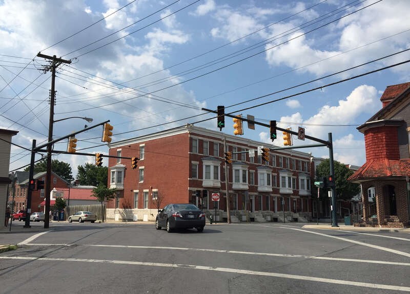 View west along U.S. Route 40 Alternate (Frederick Street) at Baltimore Street and Mulberry Street in Hagerstown, Washington County, Maryland