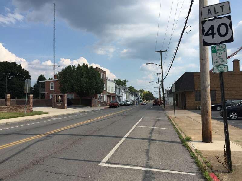 View east along U.S. Route 40 Alternate (Frederick Street) at Baltimore Street and Mulberry Street in Hagerstown, Washington County, Maryland