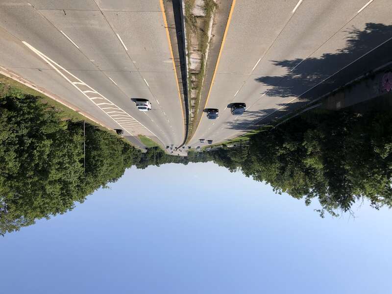 View south along New Jersey State Route 21 (McCarter Highway) from the southern overpass for Passaic County Route 624 (River Drive) in Passaic, Passaic County, New Jersey