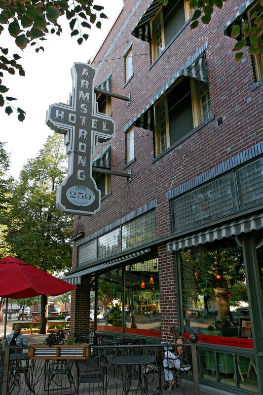 Southern end of the east elevation showing the sign for the Armstrong Hotel.