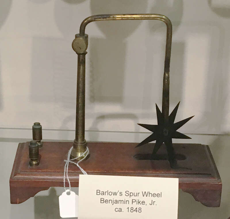 A Barlow wheel, an early experiment demonstrating the principle of a homopolar electric motor, invented by English mathematician Peter Barlow in 1822, on display at the SPARK Museum of Electrical Invention, Bellingham, Washington, USA.  It consists