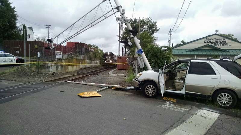 A car crashed into a pole at the intersection of Chestnut Street and Pahquioque Avenue along the Danbury Branch of Metro-North's New Haven Line. Buses were provided mid-day between Danbury and Bethel to connect to service at South Norwalk. Photo: MTA