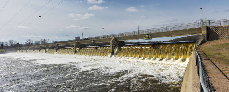 The main section of Coon Rapids Dam as viewed from Dunn Island.