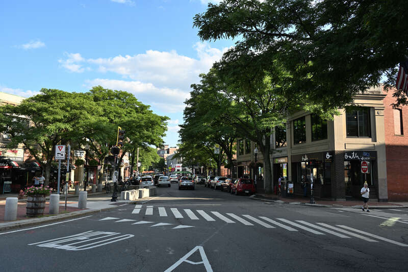 Davis Square in Somerville, looking south down Holland St.