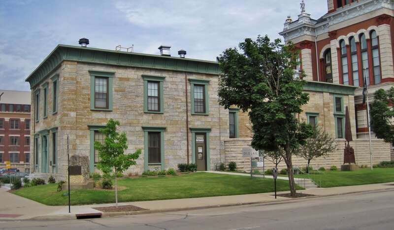The Dubuque County Jail, a national landmark (1858). It was designed by John Francis Rague, who is best known for designing Illinois' fifth capitol building in Springfield. Built in 1857, it held Confederate prisoners during the Civil War. It