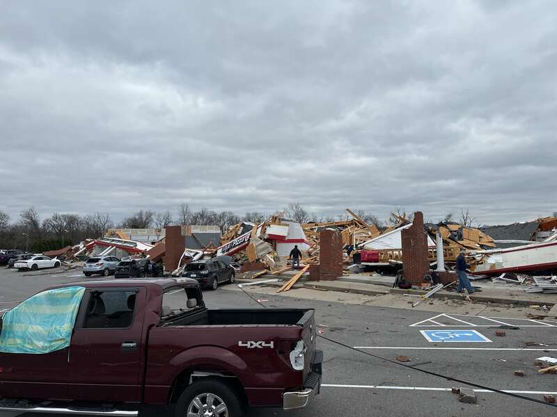 A strip mall, in Clarksville, Tennessee, that was completely destroyed by an intense tornado on December 9, 2023. The damage to the strip mall was rated EF3 with winds estimated at 140 miles per hour (230 km/h).