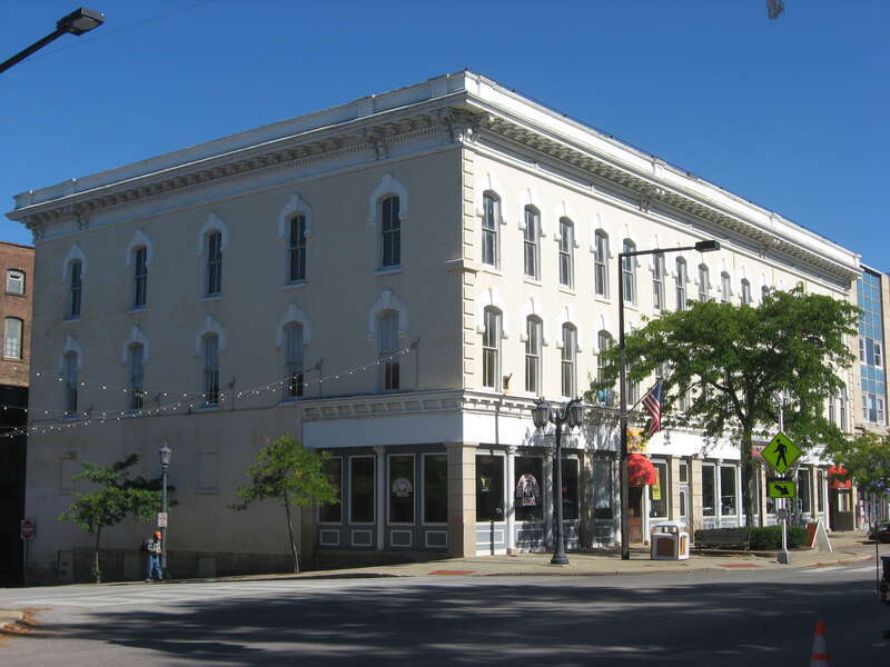 Front of the Ely Block, located at 381 Broad Street in Elyria, Ohio, United States.  Built in 1873, it is listed on the National Register of Historic Places, and it is part of a Register-listed historic district, the Elyria Downtown-West Avenue