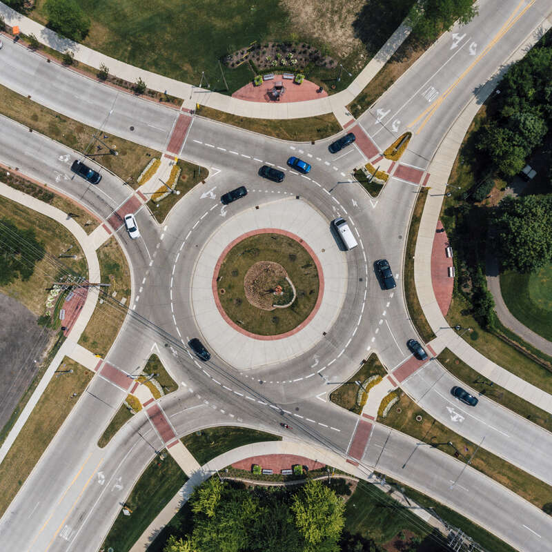 overhead view of a roundabout, installed as part of the Evergreen Road development