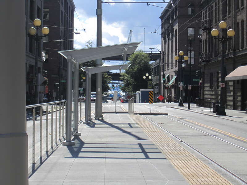 The southern terminus of the First Hill Streetcar in Pioneer Square, prior to its opening.