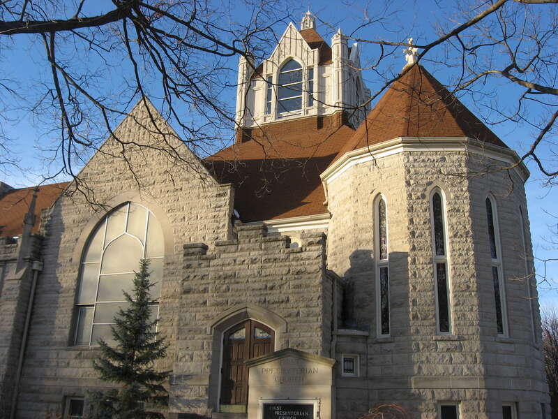 Front of First Presbyterian Church, located at 221 E. Sixth Street in Bloomington, Indiana, United States.  Designed by Crapsey and Lamm, it was built in 1903, and it is part of the locally-designated Old Library Historic District.