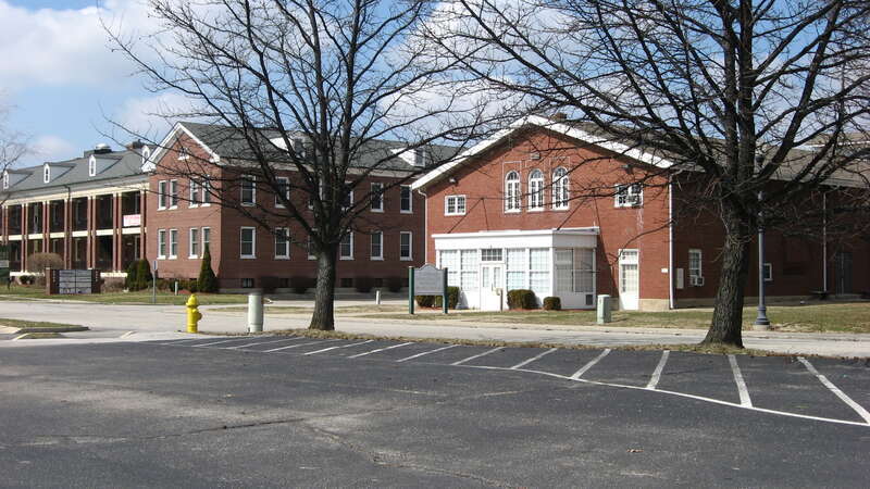 Buildings on the grounds of the former Fort Benjamin Harrison in Indianapolis, Indiana, United States.  This part of the fort is part of the Fort Benjamin Harrison Historic District, a historic district that is listed on the National Register of