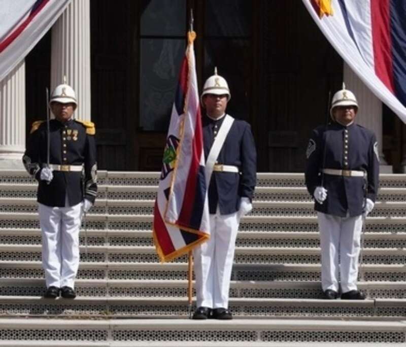 The Hawaii Air National Guardʻs Royal Guard posted a ceremonial watch on the grounds of the countries only palace. The Royal Guard is a special honor guard in the Hawaii Air National Guard where select members who are from Hawaiian ancestry perform
