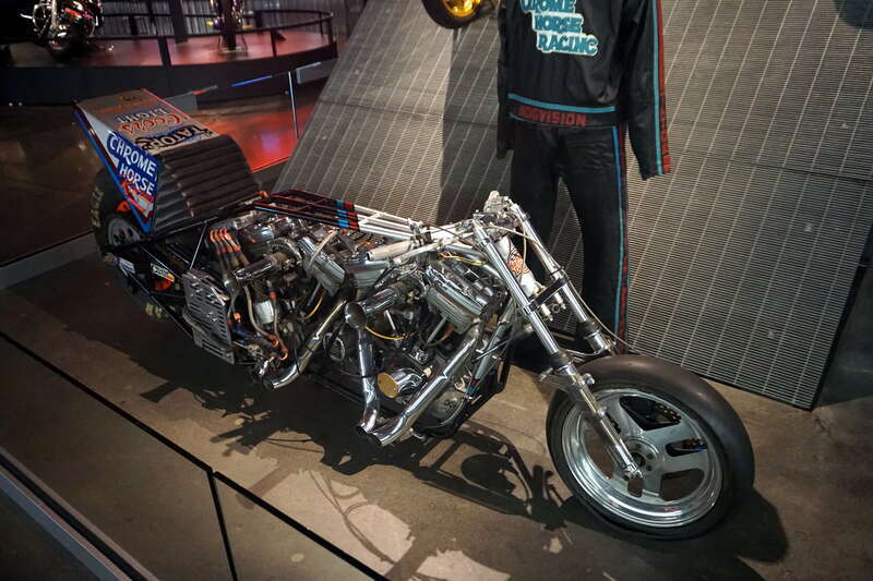 A 1988 Harley-Davidson Double-Engine Dragster (with OHV V-Twin engines) at the Harley-Davidson Museum in Milwaukee, Wisconsin (United States).